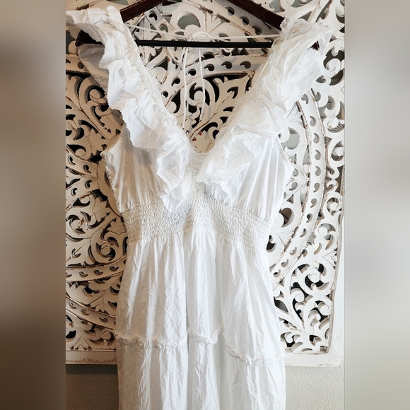 HOUSE OF HARLOW 1969 BOHEMIAN WHITE RUFFLE DRESS SMOKEY WAIST MAXI DRESS SZ LARG - Picture 9 of 13